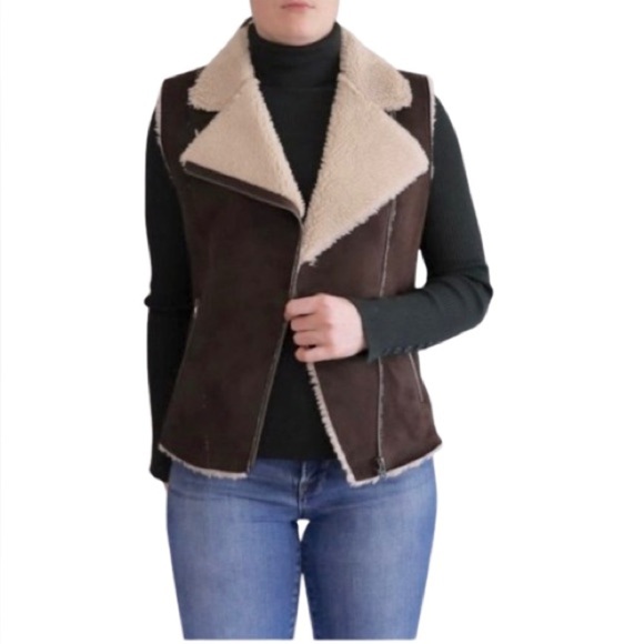 🆕 VELVET BY GRAHAM & SPENCER brown Faux Lamb Fur Vest Jacket Size large - Picture 1 of 14